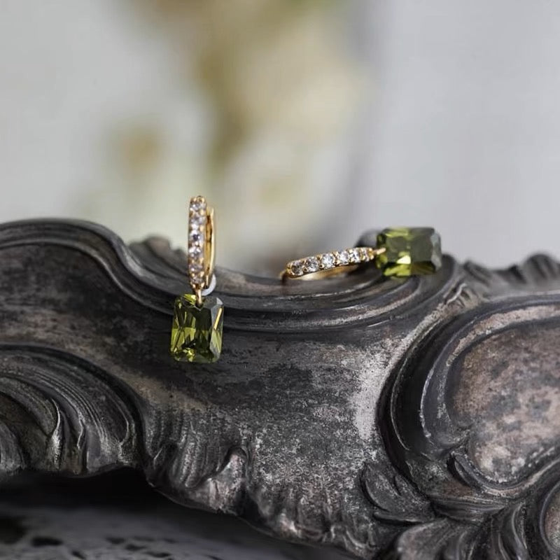 Moss Green Square Stud Earrings in S925 Sterling Silver with Full Diamond Accents