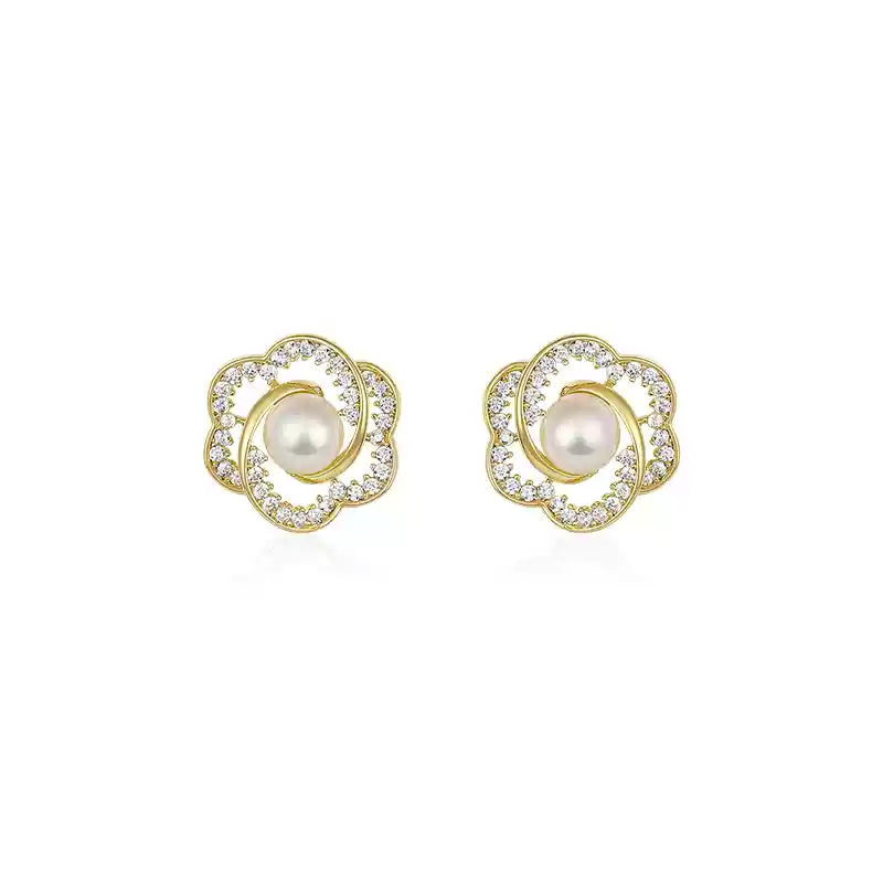 French Camellia Pearl Stud Earrings