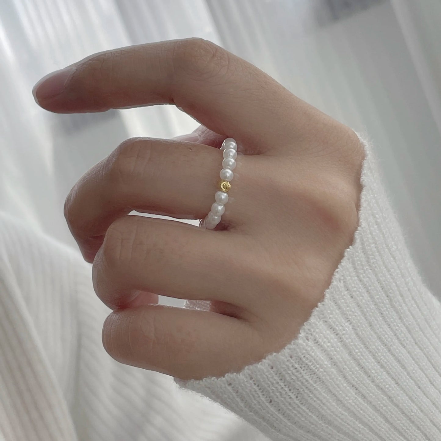 Handcrafted Beaded Pearl Ring with Gold Bead