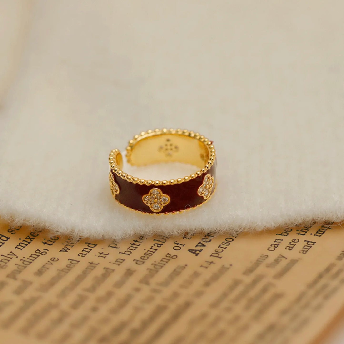 Burgundy Enamel Clover Ring