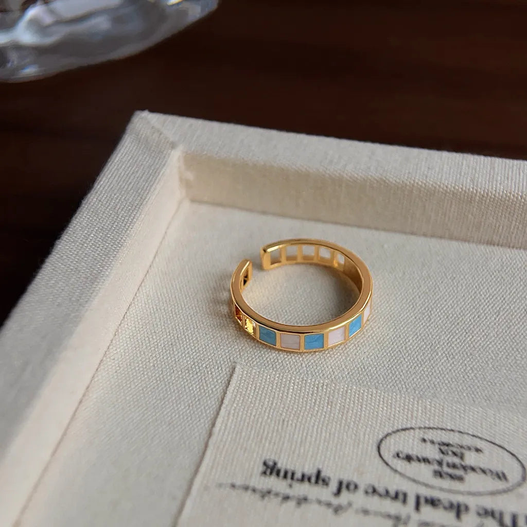 Vintage Blue and White Enamel Open Ring