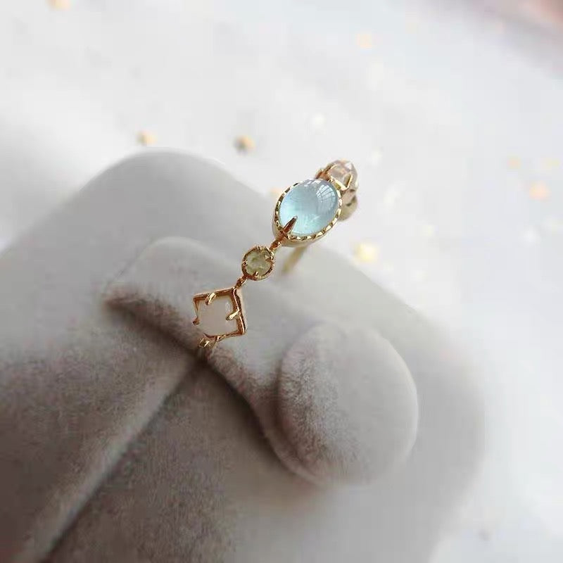 Natural Aquamarine Moonstone Labradorite Crystal Roman Glass Ring