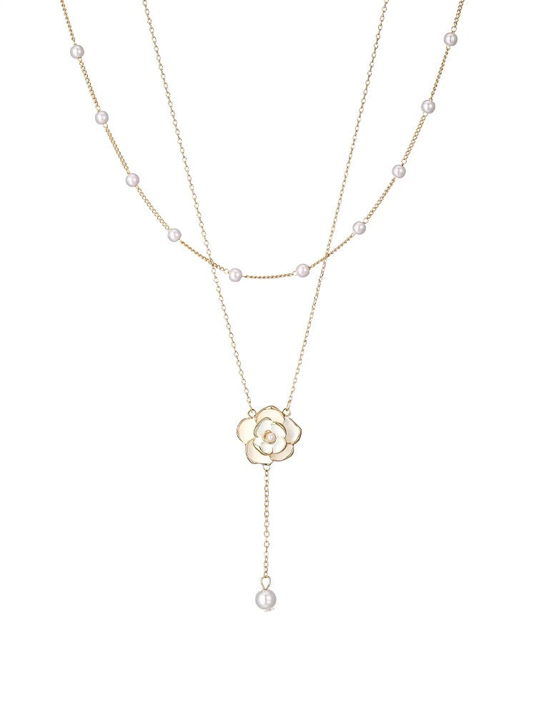 Double-Layer Pearl & Camellia Necklace