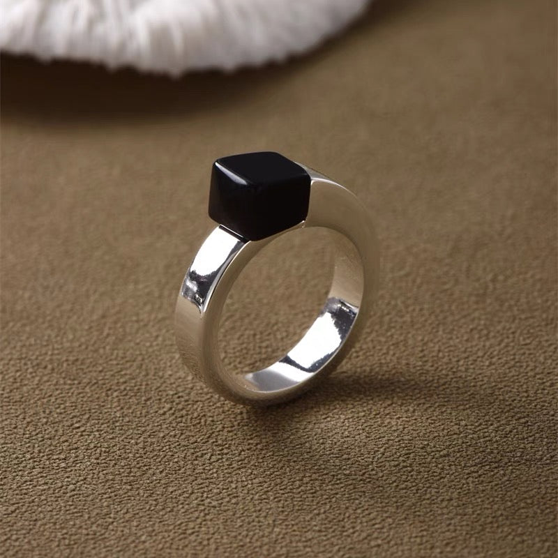 Trapezoid Red Stone, Topaz, and Black Onyx Ring