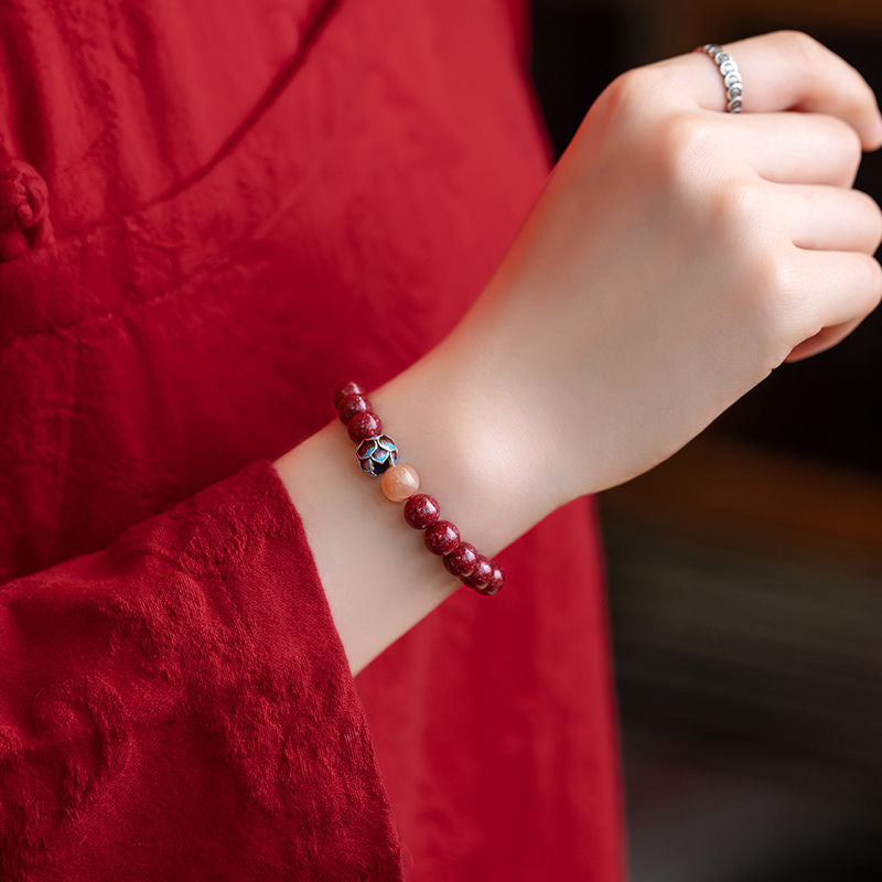 Cinnabar Lotus Bead Bracelet - Unisex Buddhist Prayer Beads for Wealth, Luck, and Protection