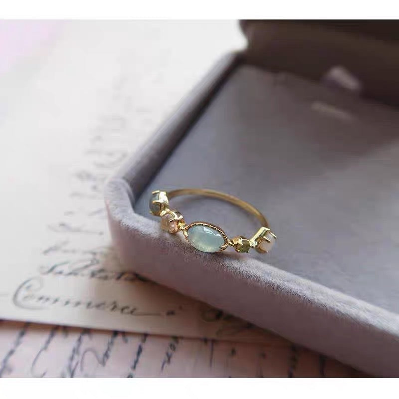 Natural Aquamarine Moonstone Labradorite Crystal Roman Glass Ring