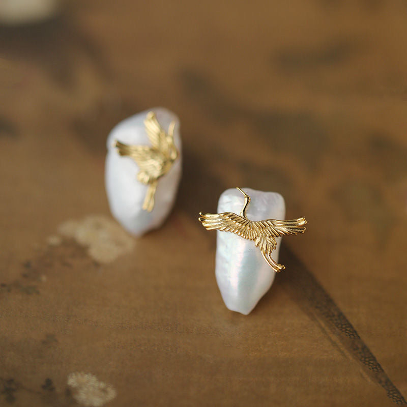 Crane and Clouds Baroque Pearl Earrings