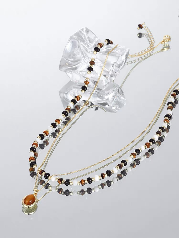 Tiger Eye Beaded Necklace Set - Double-Layer Layered