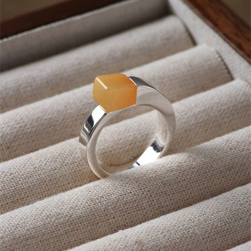 Trapezoid Red Stone, Topaz, and Black Onyx Ring