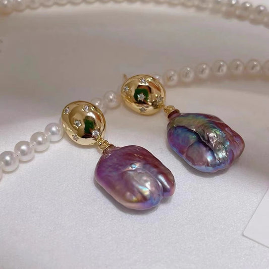 Purple Square Baroque Pearl Earrings