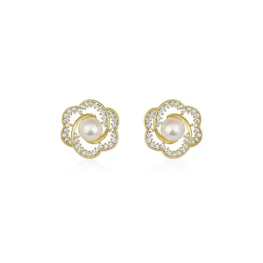 French Camellia Pearl Stud Earrings