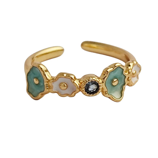 Enamel Flower Ring with Blue Zircon
