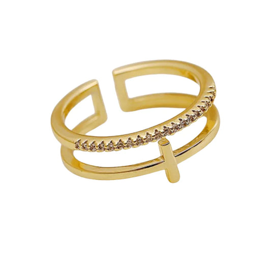Double Layer Cross Ring with Micro Pave Cubic Zirconia