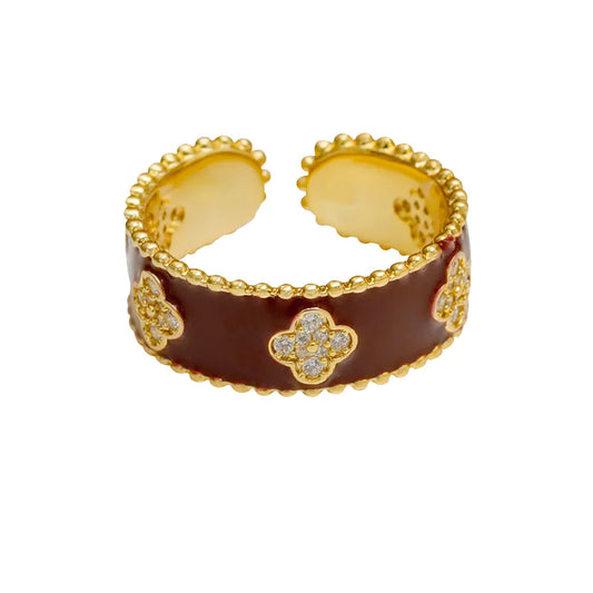 Burgundy Enamel Clover Ring
