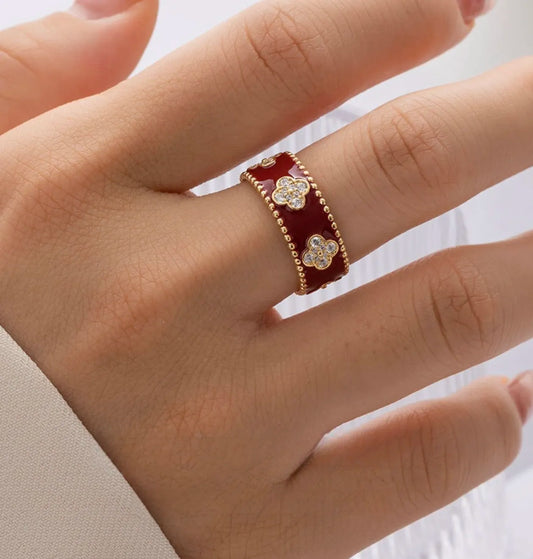 Burgundy Enamel Clover Ring