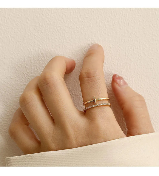 Double Layer Cross Ring with Micro Pave Cubic Zirconia