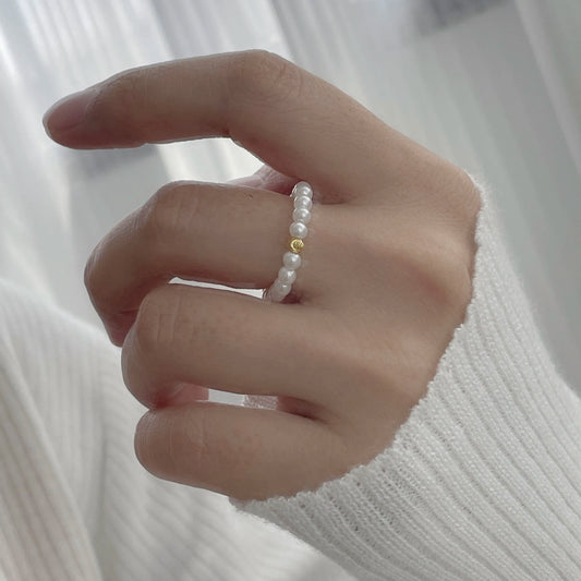 Handcrafted Beaded Pearl Ring with Gold Bead