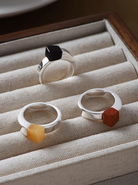 Trapezoid Red Stone, Topaz, and Black Onyx Ring