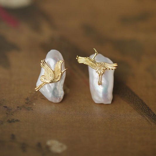Crane and Clouds Baroque Pearl Earrings
