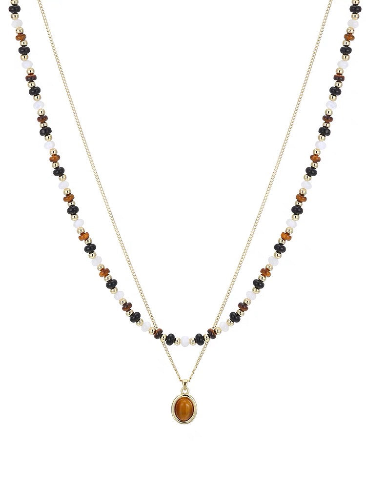 Tiger Eye Beaded Necklace Set - Double-Layer Layered
