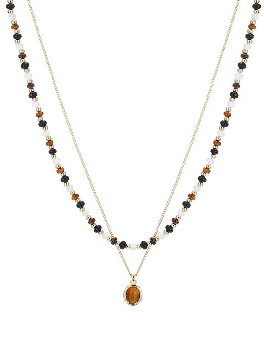 Tiger Eye Beaded Necklace Set - Double-Layer Layered