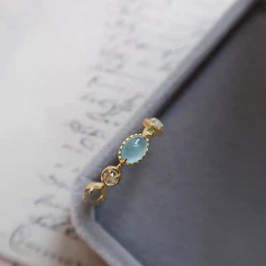 Natural Aquamarine Moonstone Labradorite Crystal Roman Glass Ring