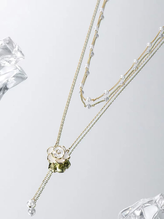 Double-Layer Pearl & Camellia Necklace
