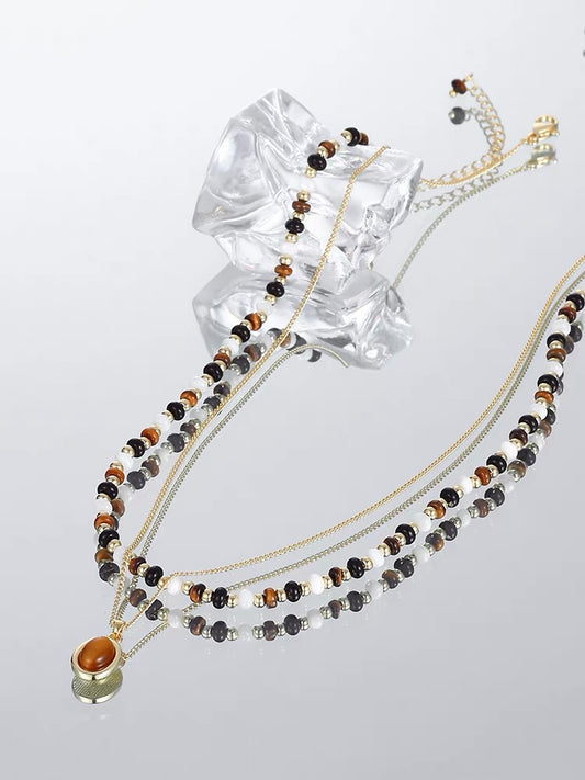 Tiger Eye Beaded Necklace Set - Double-Layer Layered