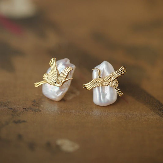 Crane and Clouds Baroque Pearl Earrings