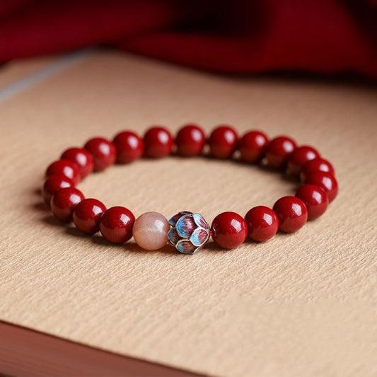 Cinnabar Lotus Bead Bracelet - Unisex Buddhist Prayer Beads for Wealth, Luck, and Protection